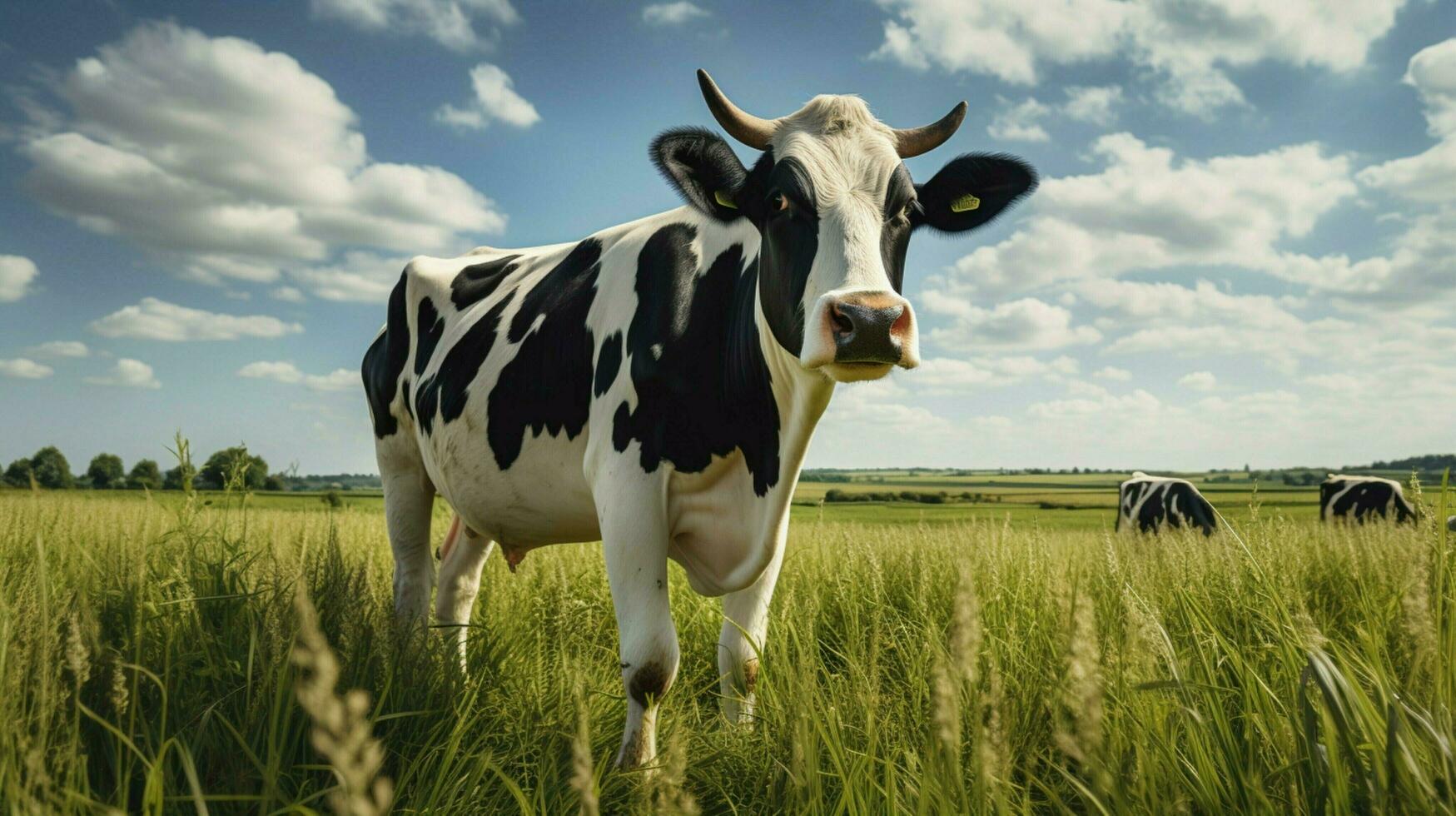 holstein cattle grazes on rural meadow beauty photo