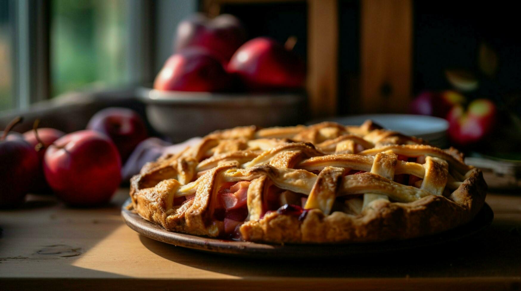 homemade apple pie baked with fresh fruit and rustic past photo