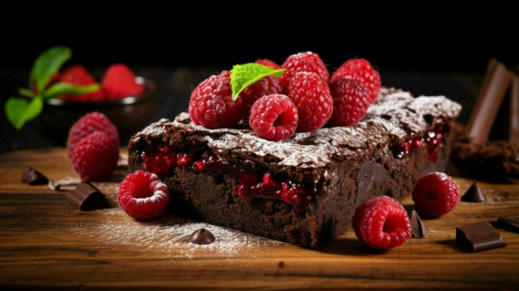 homemade chocolate brownie slice on wood table photo