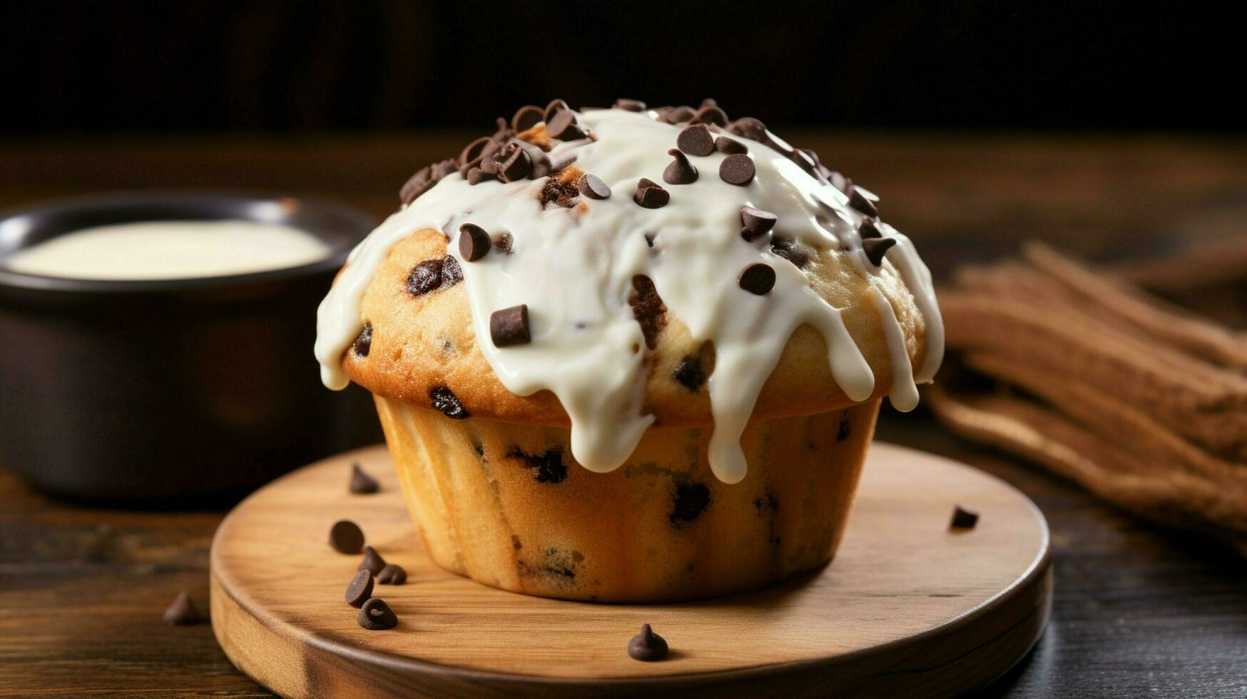 homemade chocolate chip muffin with creamy icing on wooden table photo