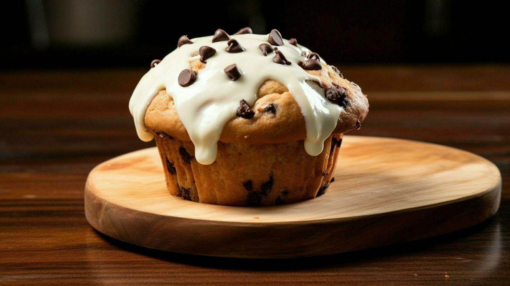 homemade chocolate chip muffin with creamy icing on wooden table photo