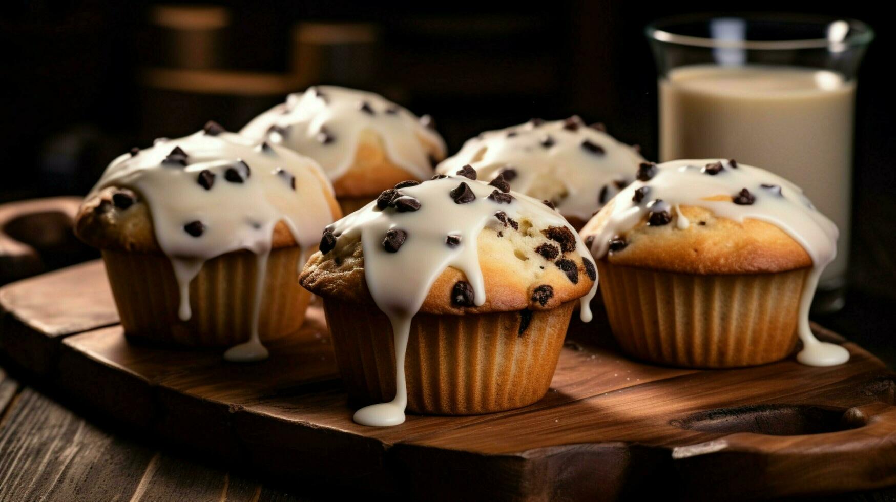 homemade chocolate chip muffin with creamy icing on wooden table photo