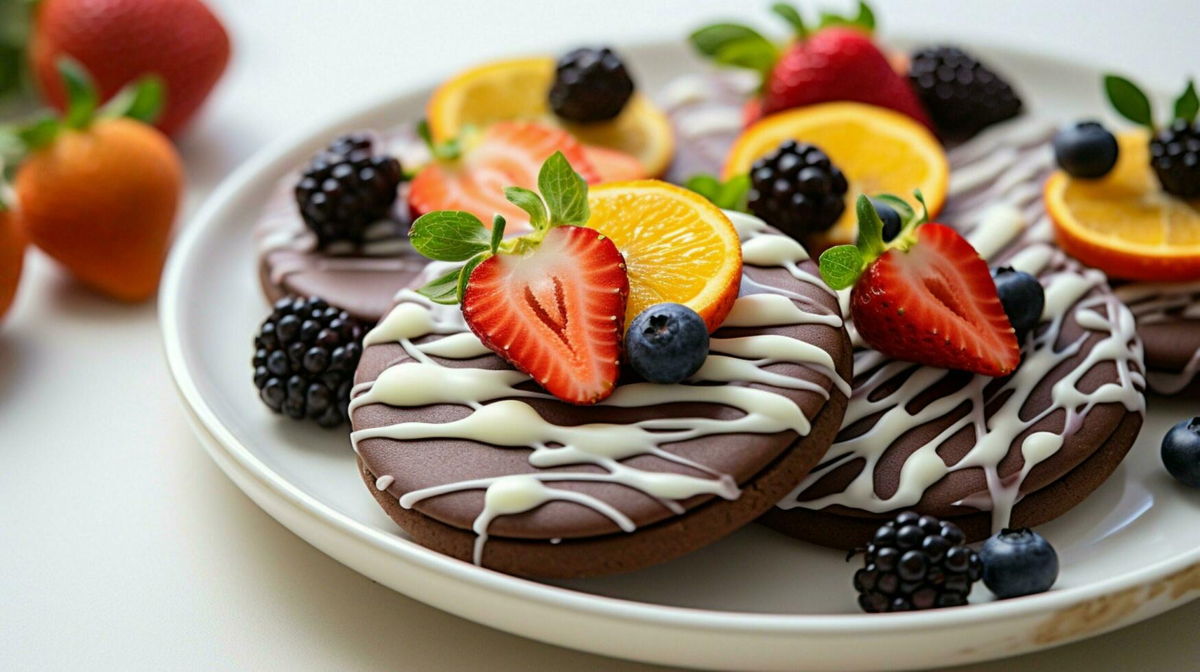 homemade chocolate cookie with icing decorated with fresh photo