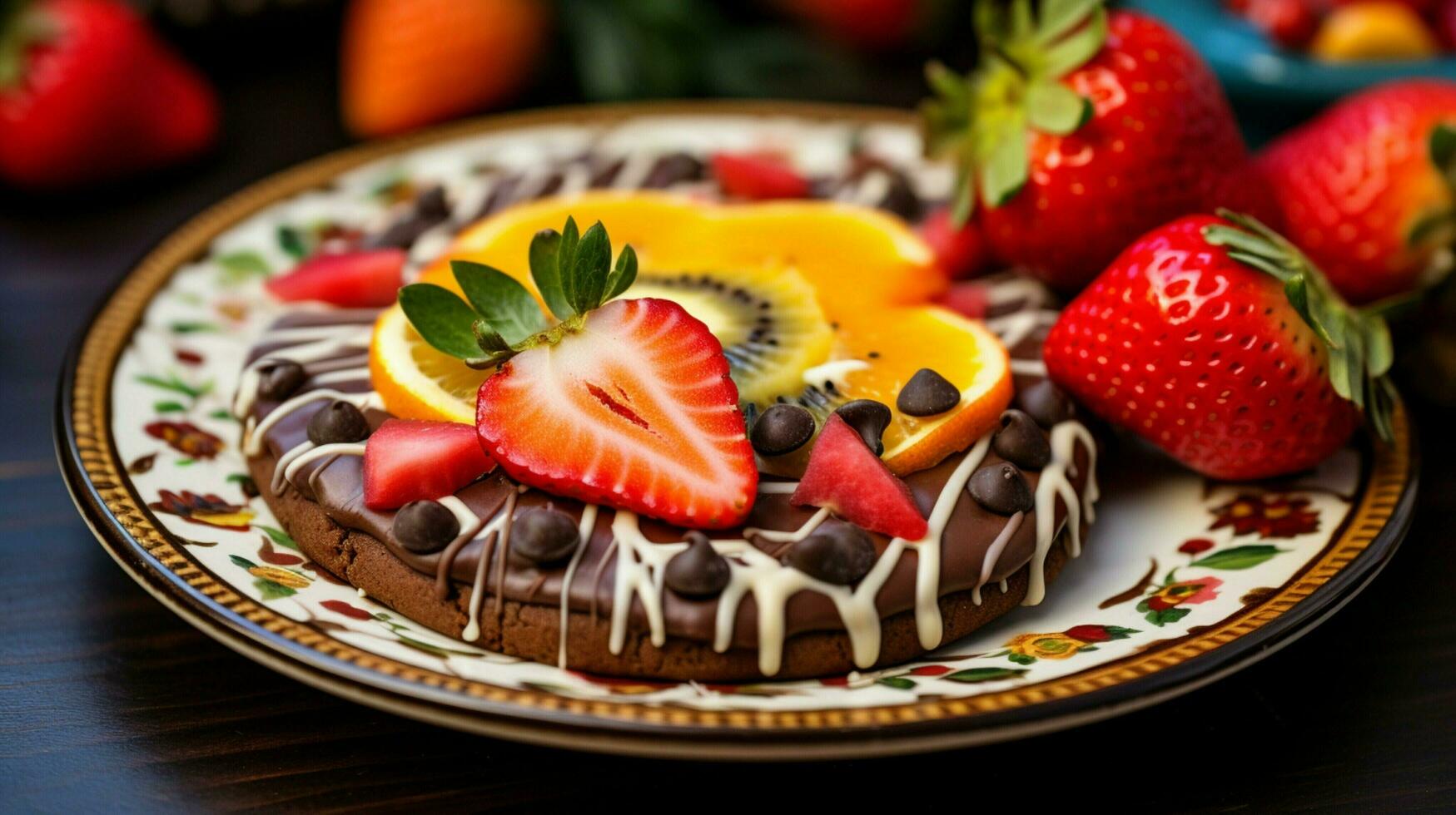 homemade chocolate cookie with icing decorated with fresh photo