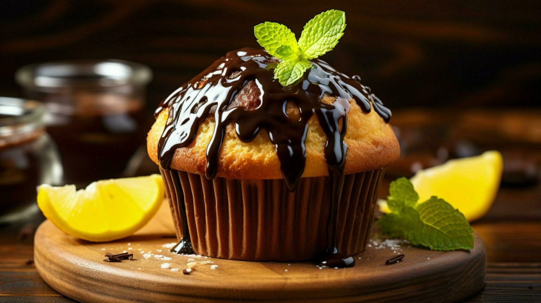 homemade lemon muffin with chocolate icing on wood table photo