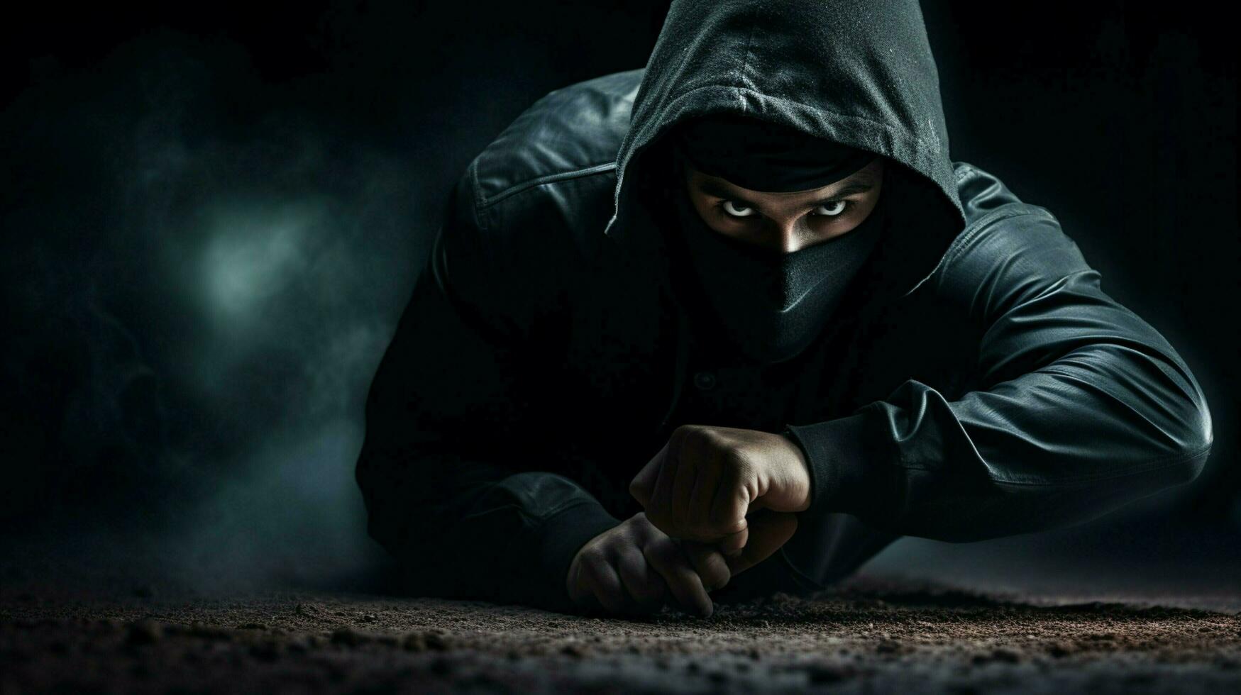 hooded burglar exercising danger in black solitude photo