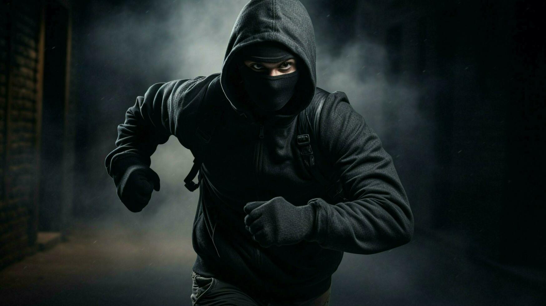 hooded burglar exercising danger in black solitude photo