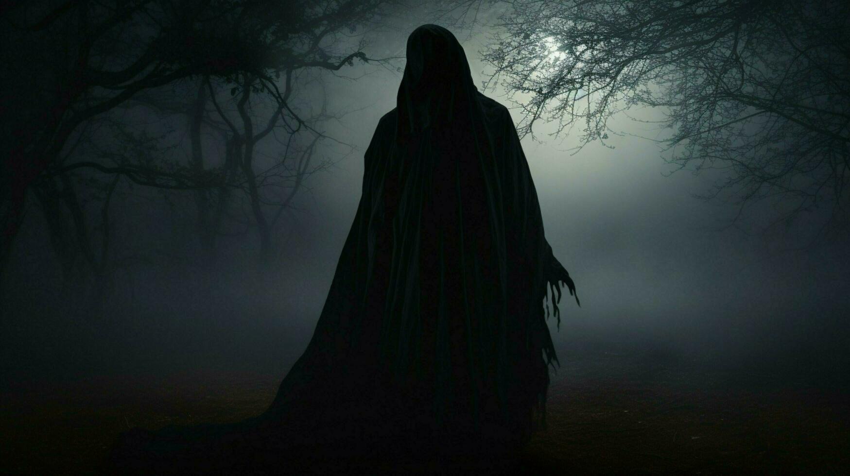 hooded silhouette in black spooky mystery revealed photo