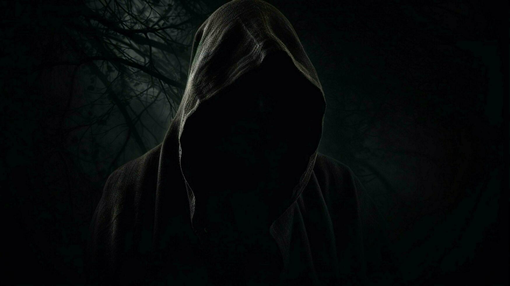 hooded silhouette in black spooky mystery revealed photo