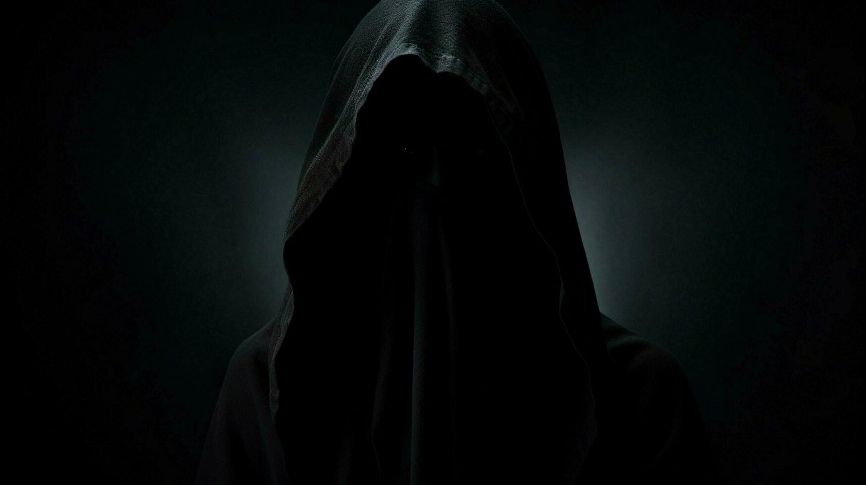 hooded silhouette in black spooky mystery revealed photo