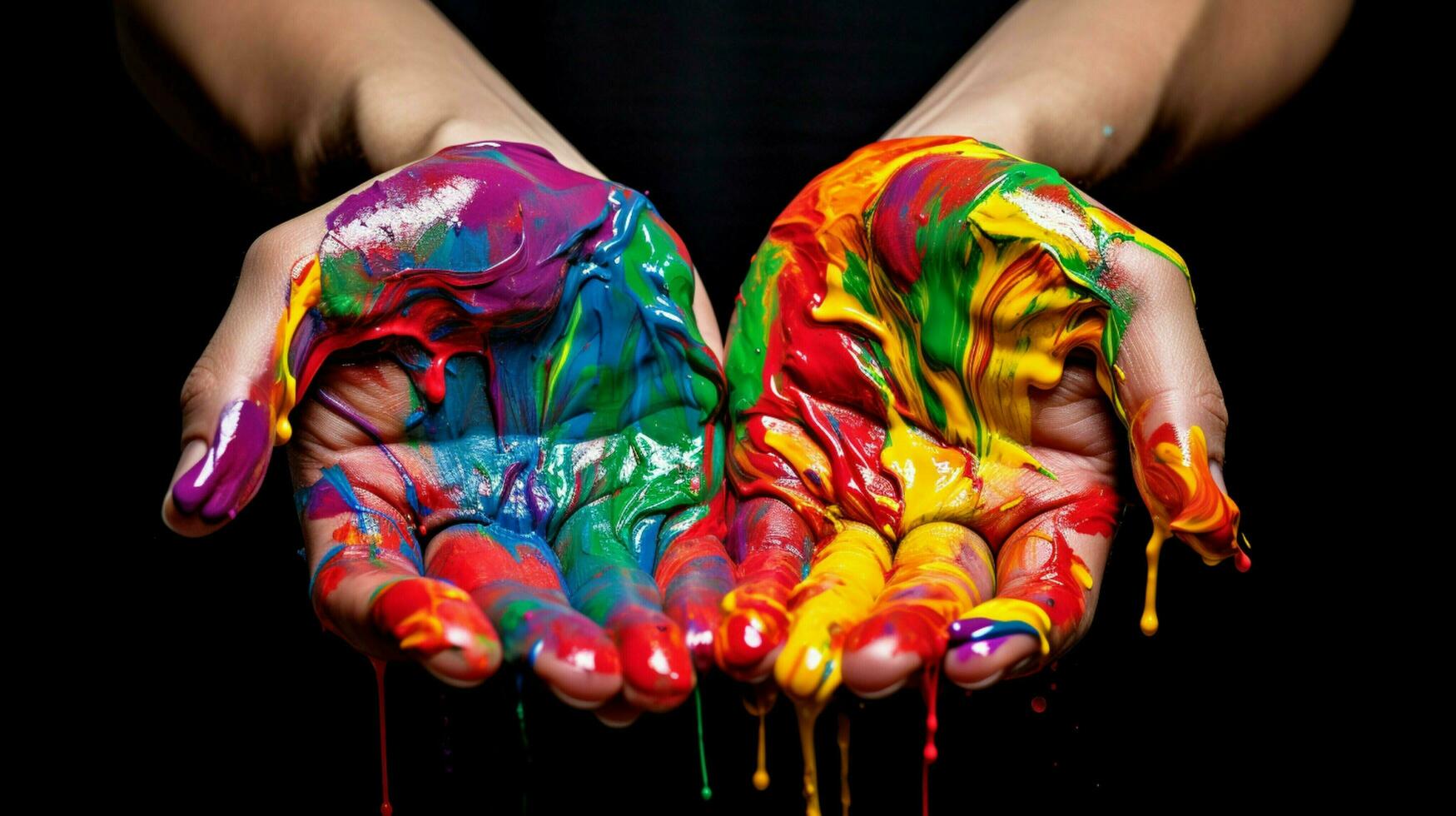 human hand holding wet rainbow paint fun chaos photo