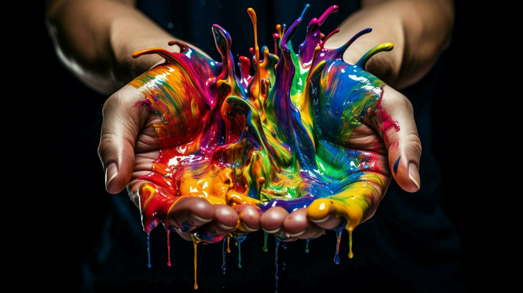 human hand holding wet rainbow paint fun chaos photo