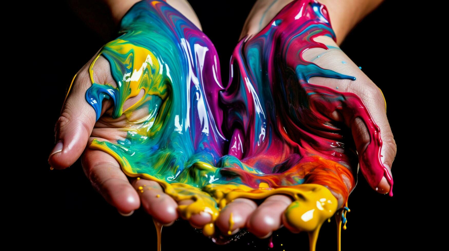 human hand holding wet rainbow paint fun chaos photo