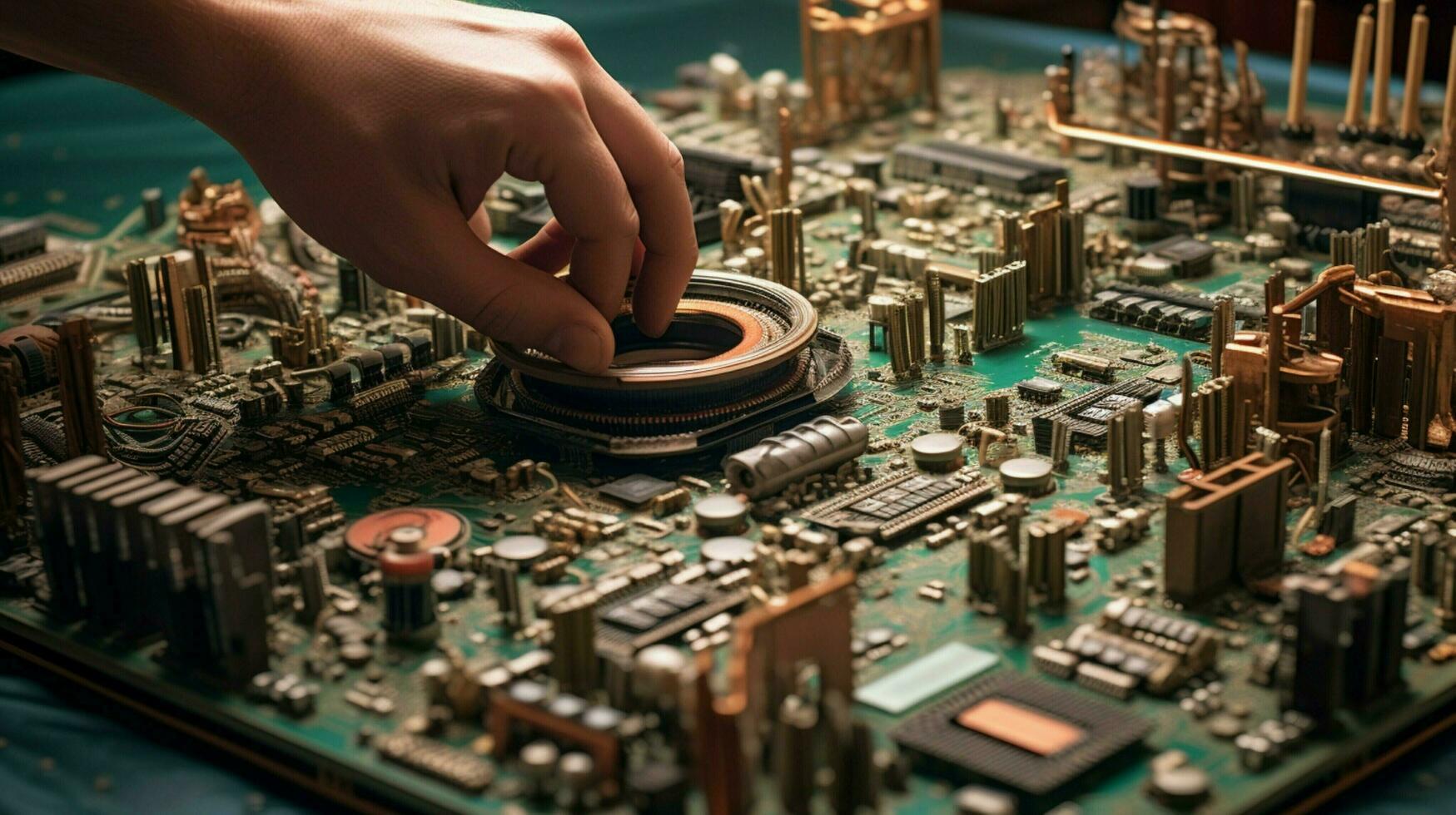 human hand skillfully soldering complex circuit board photo