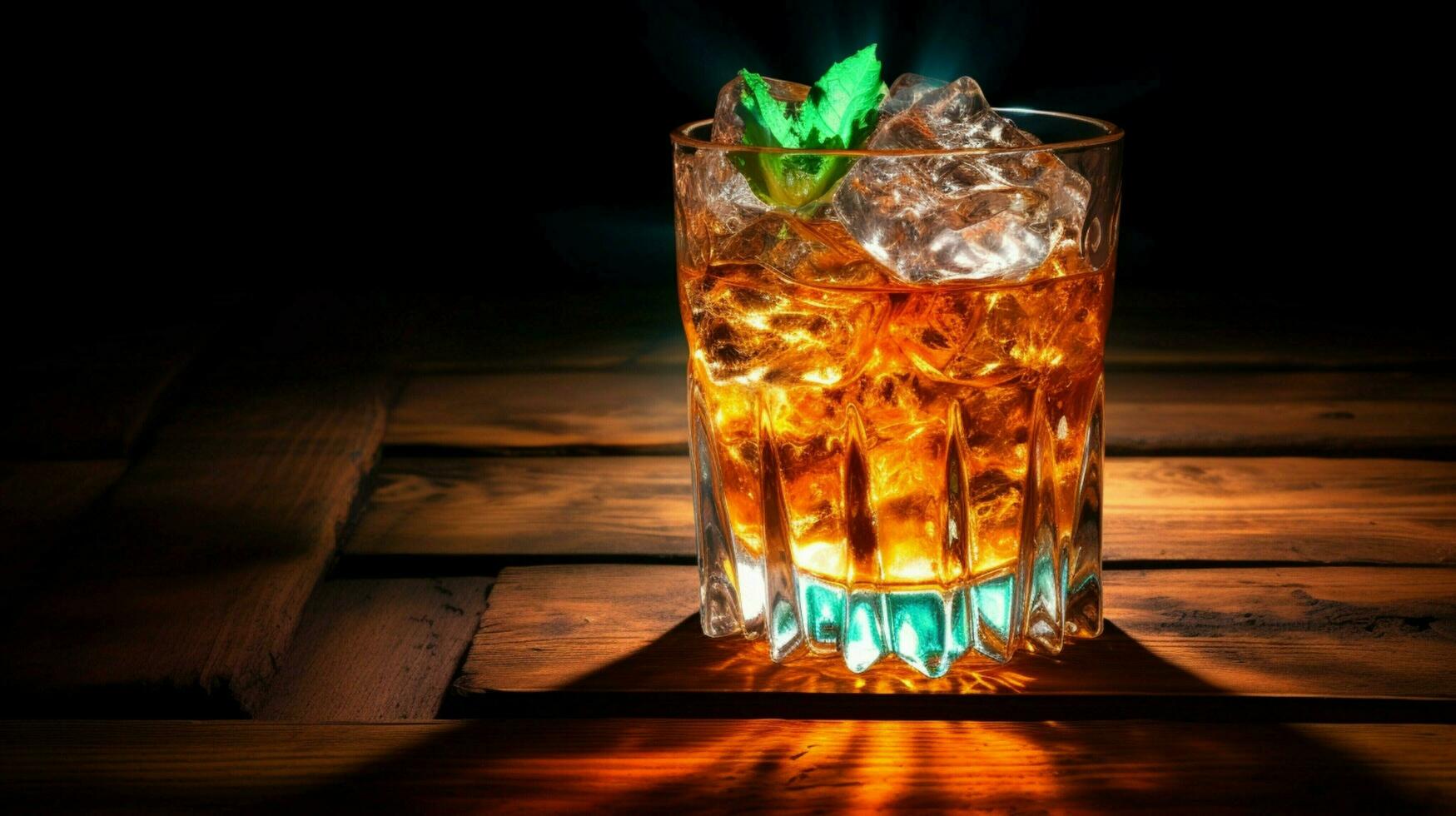 ice cold whiskey cocktail glows on wooden table photo