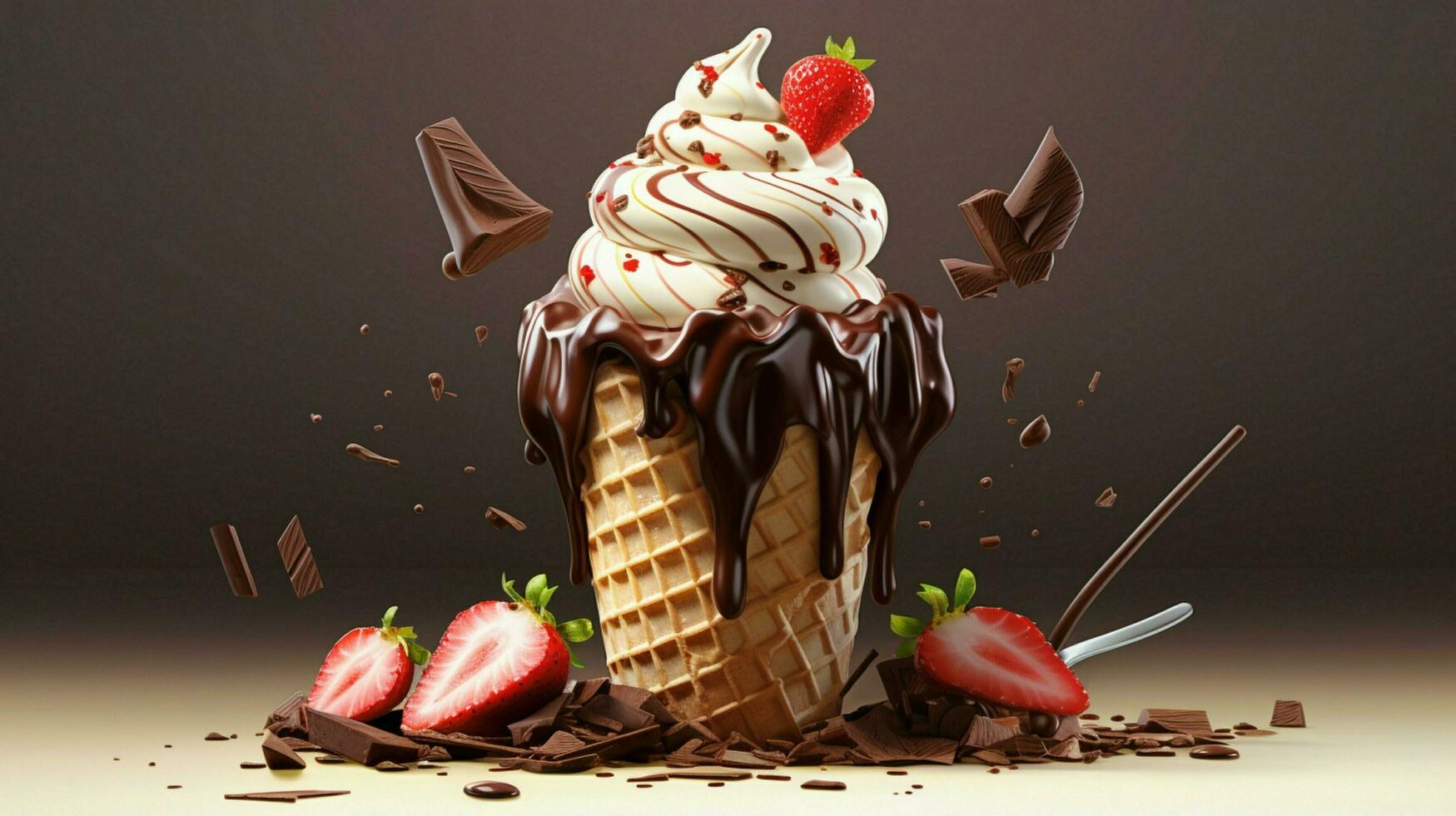 ice cream cone with strawberry and chocolate photo