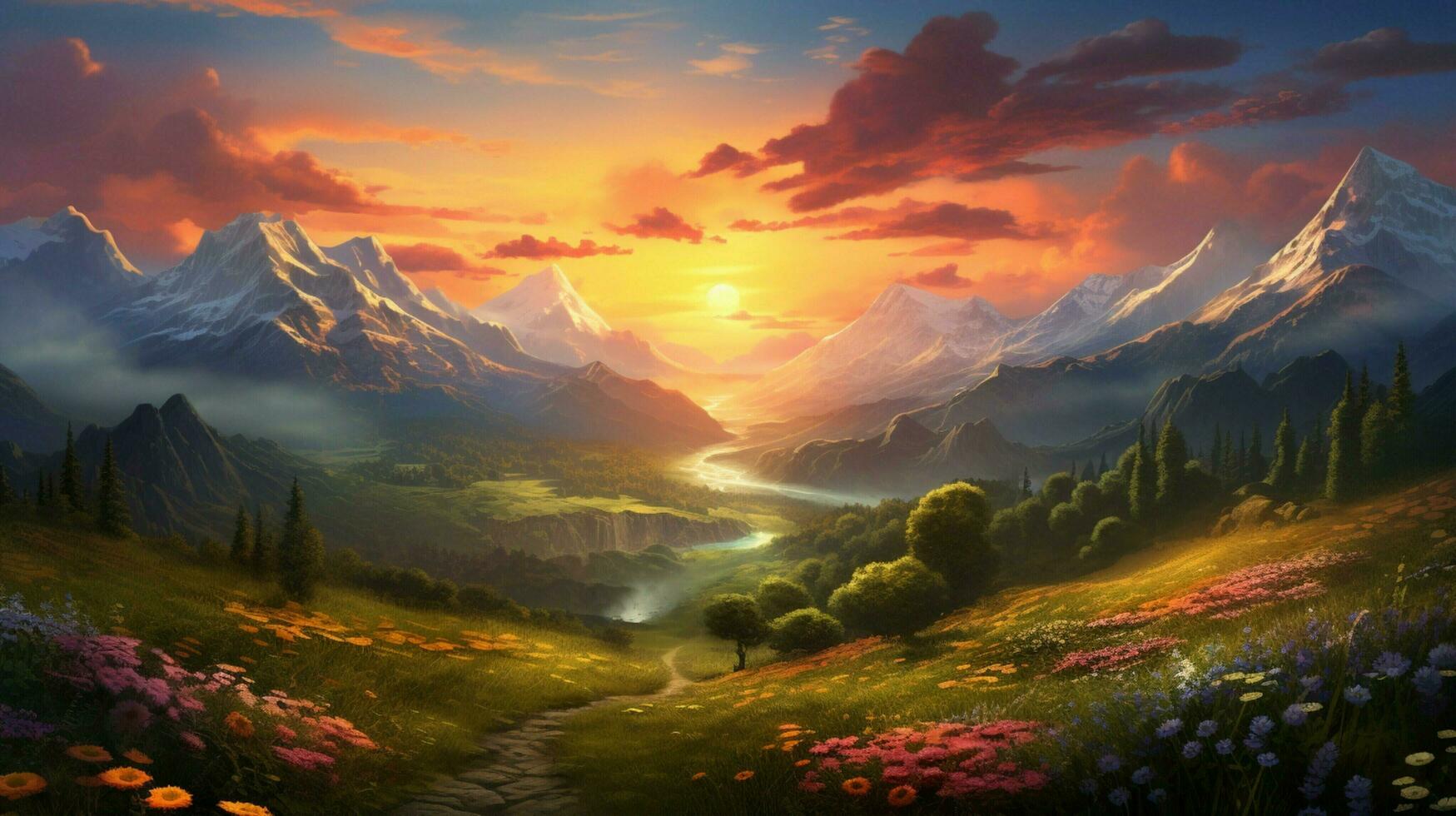 idyllic meadows tranquil mountains sunset over landscapes photo