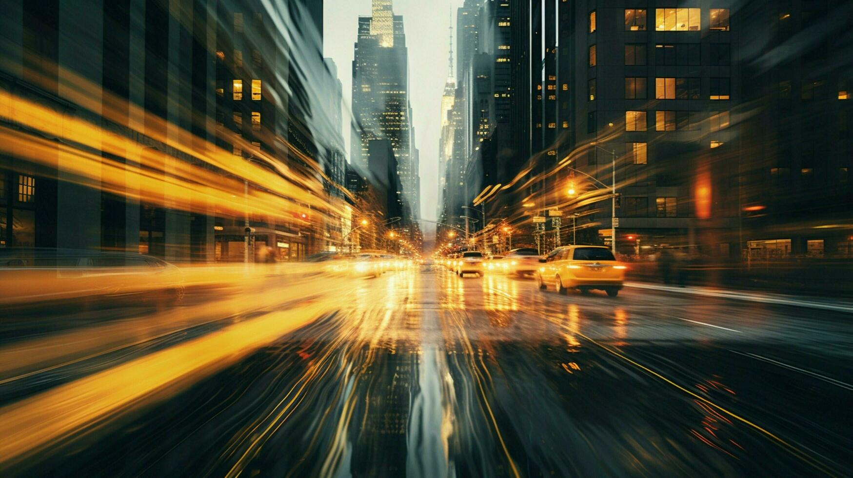 illuminated city skyline wet streets blurred motion photo