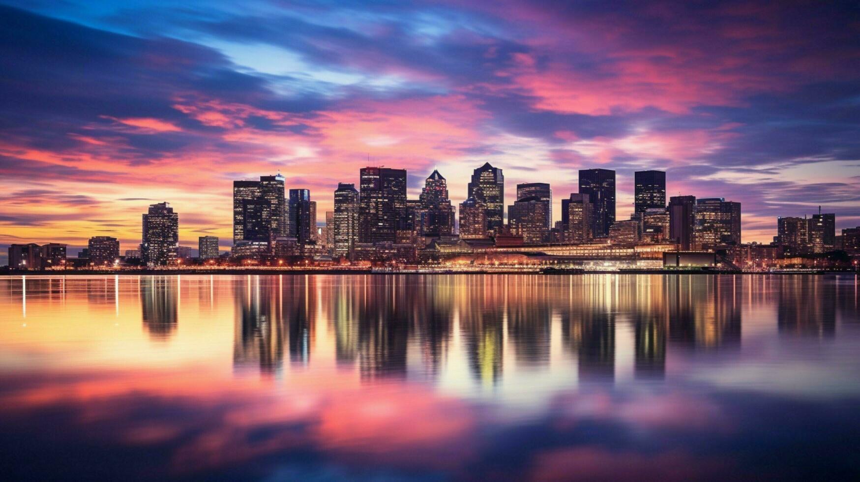 illuminated city skyline reflects on waterfront at dusk photo