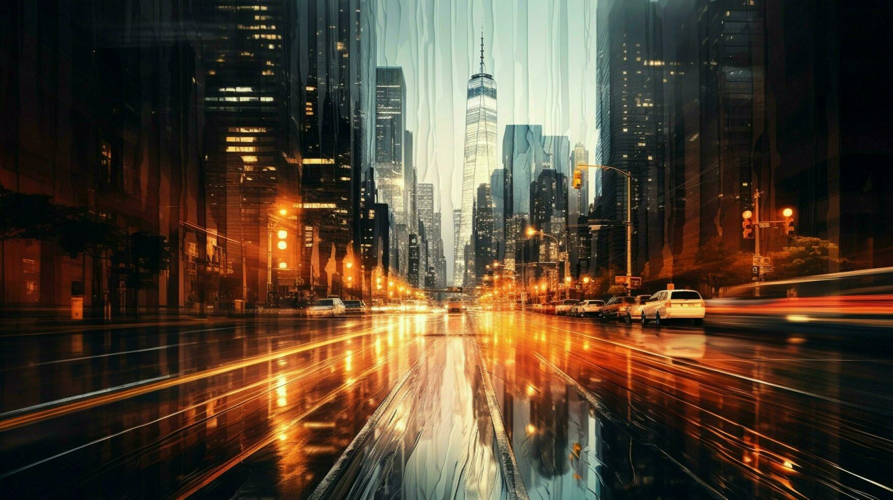illuminated city skyline wet streets blurred motion photo