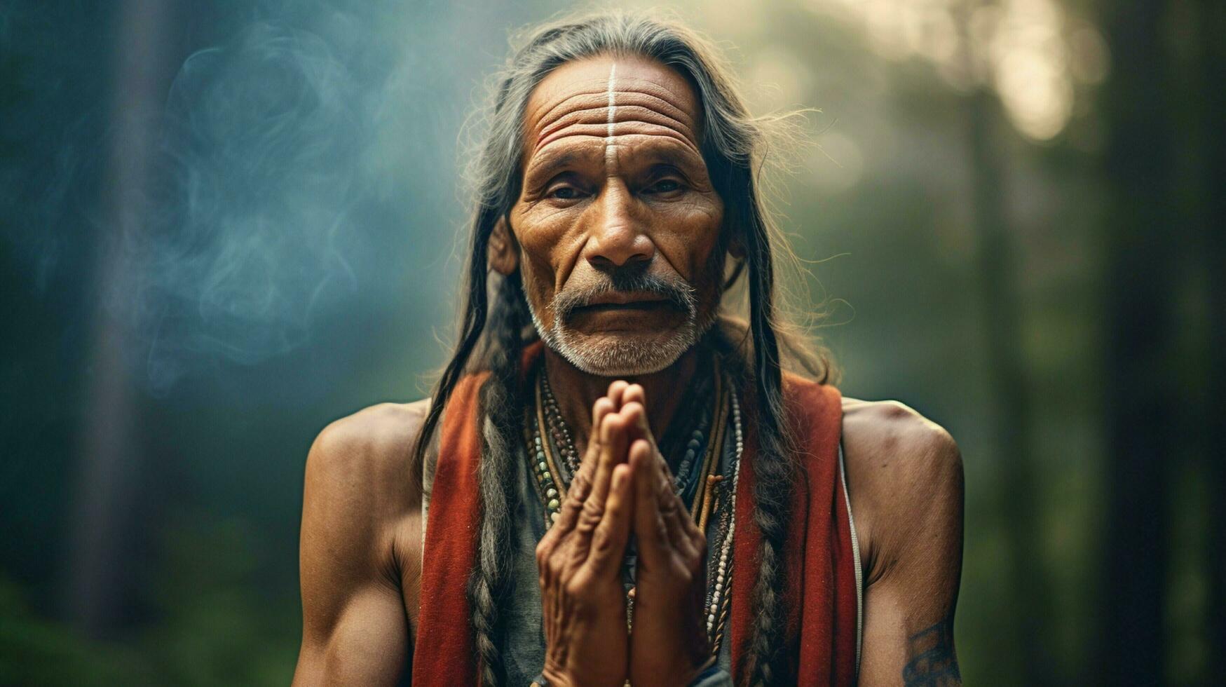 indigenous man praying looking at camera spirituality photo