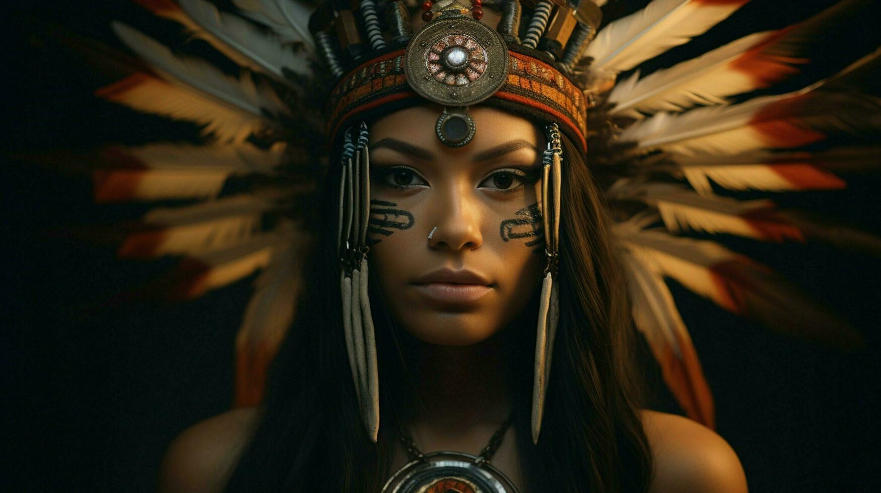 indígena mujer con tocado exuda confianza foto