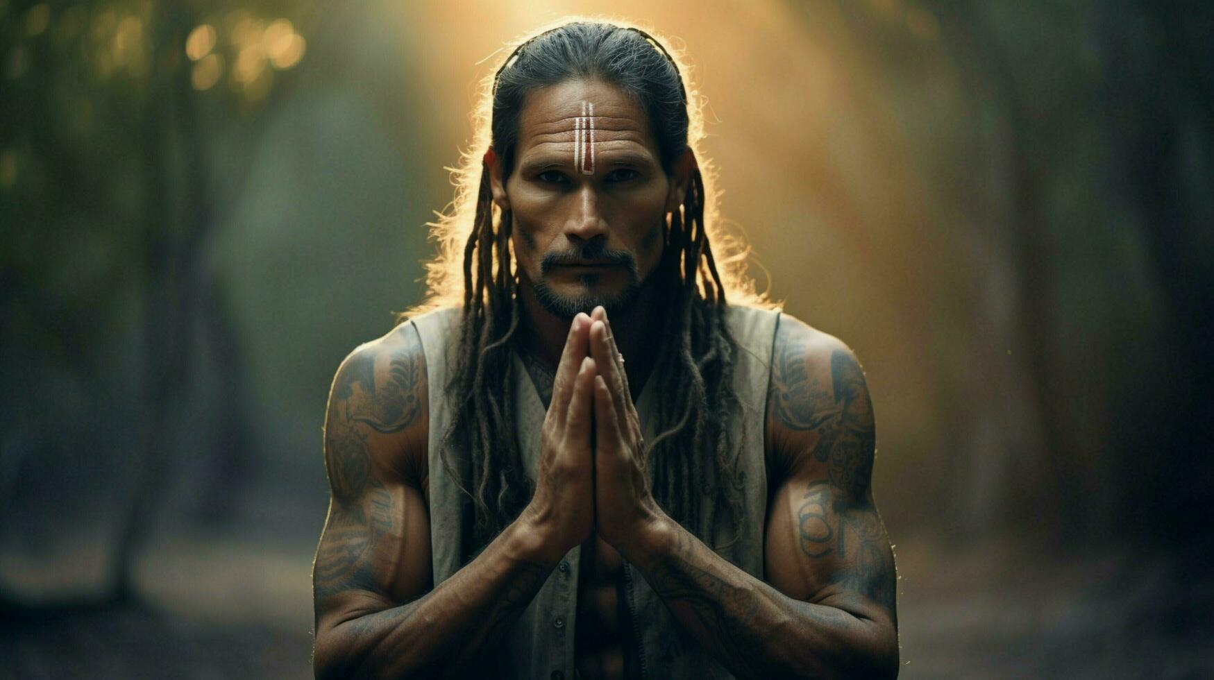 indigenous man praying looking at camera spirituality photo