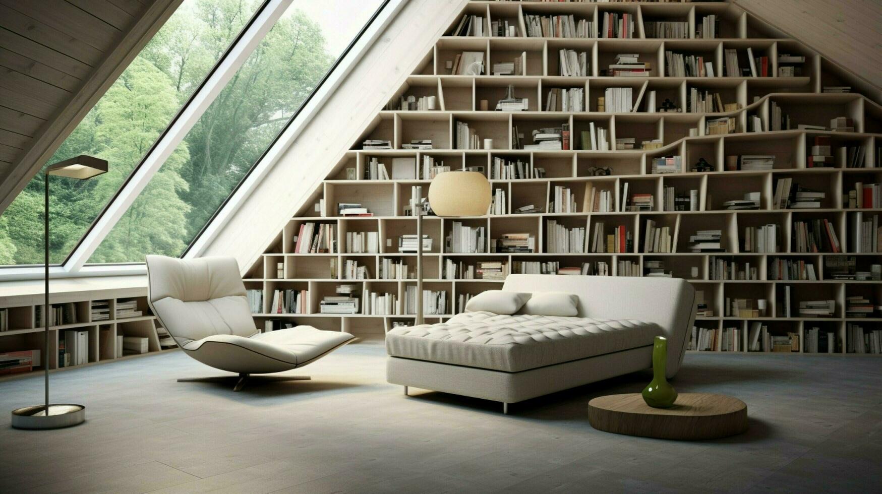 indoor library with modern bookshelf comfortable armchair photo