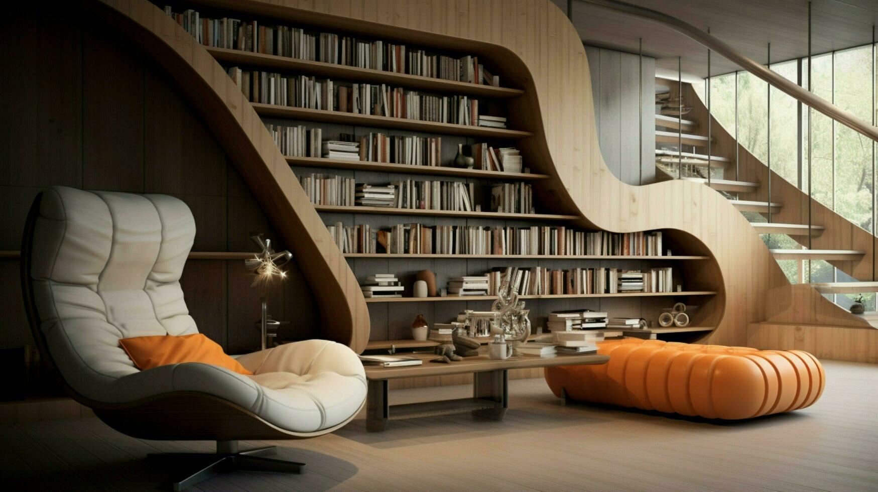 indoor library with modern bookshelf comfortable armchair photo