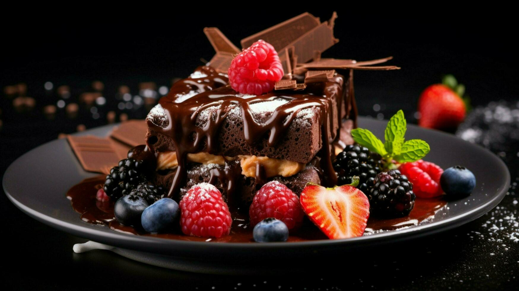 indulgent chocolate dessert with fresh fruit decoration photo