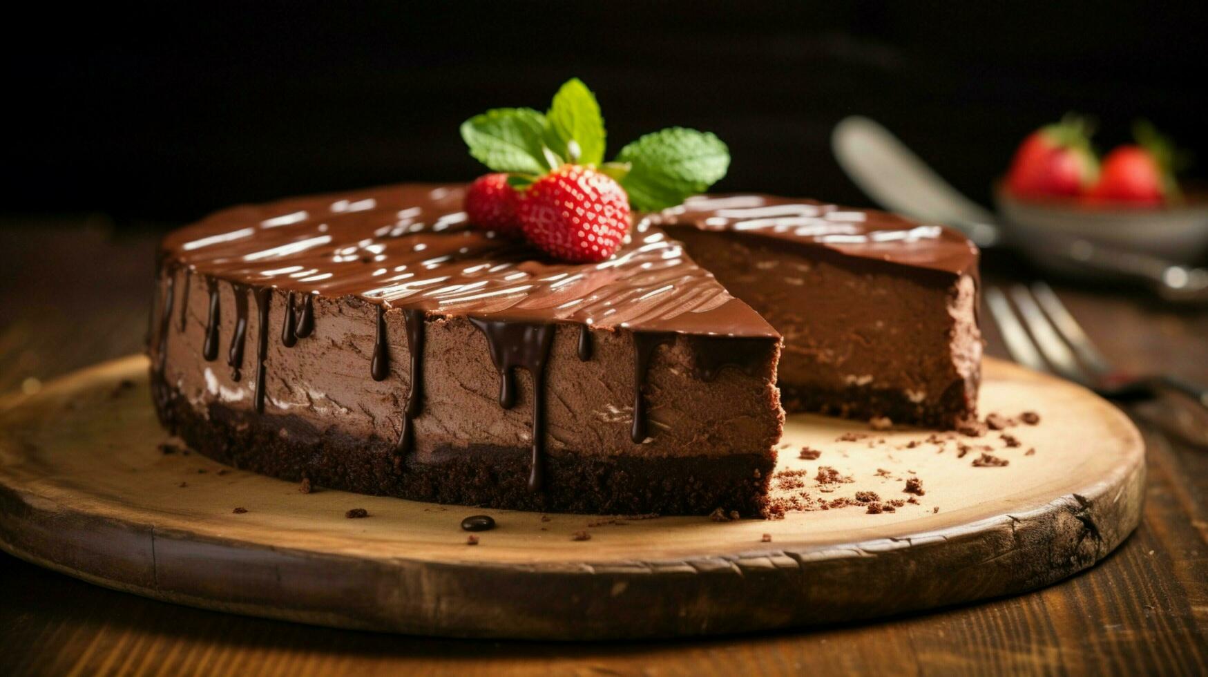 indulgent homemade chocolate cheesecake on a wood table photo