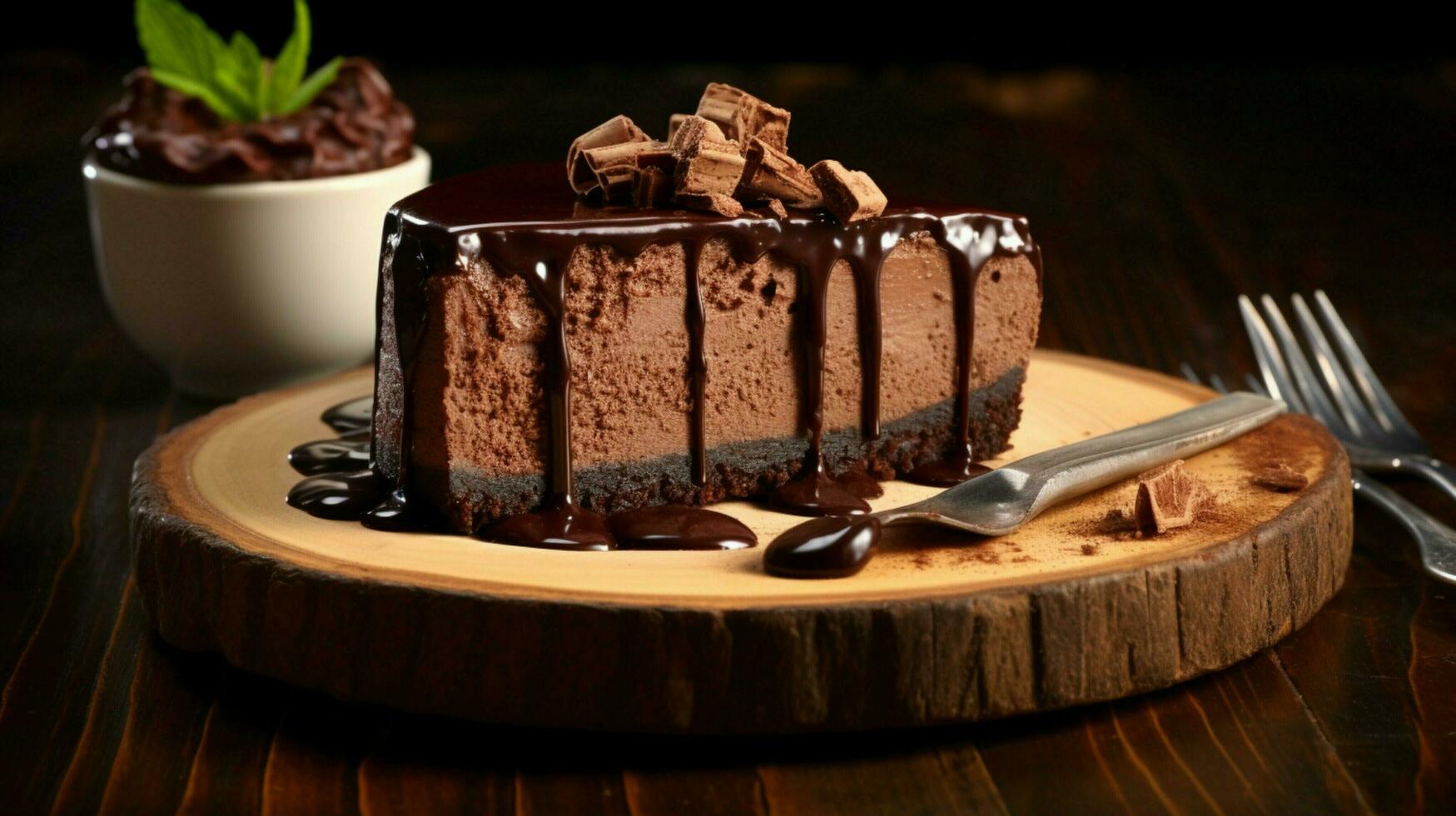 indulgent homemade chocolate cheesecake on a wood table photo