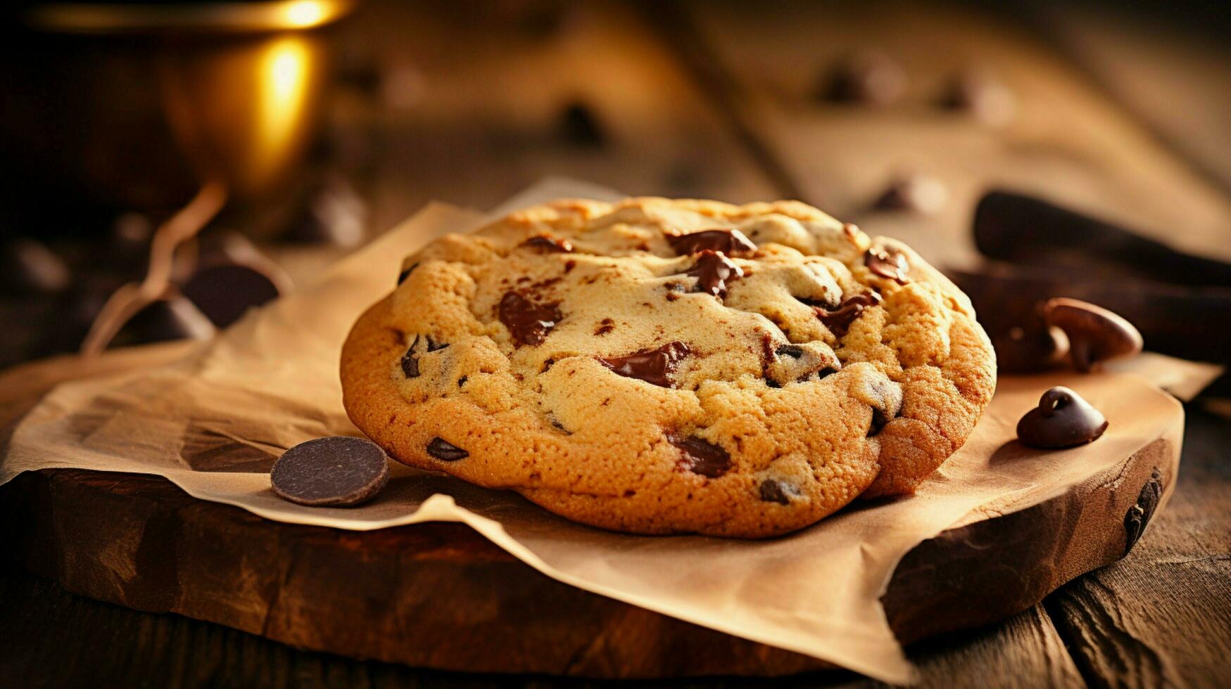 indulgent homemade chocolate chip cookie on rustic wood photo