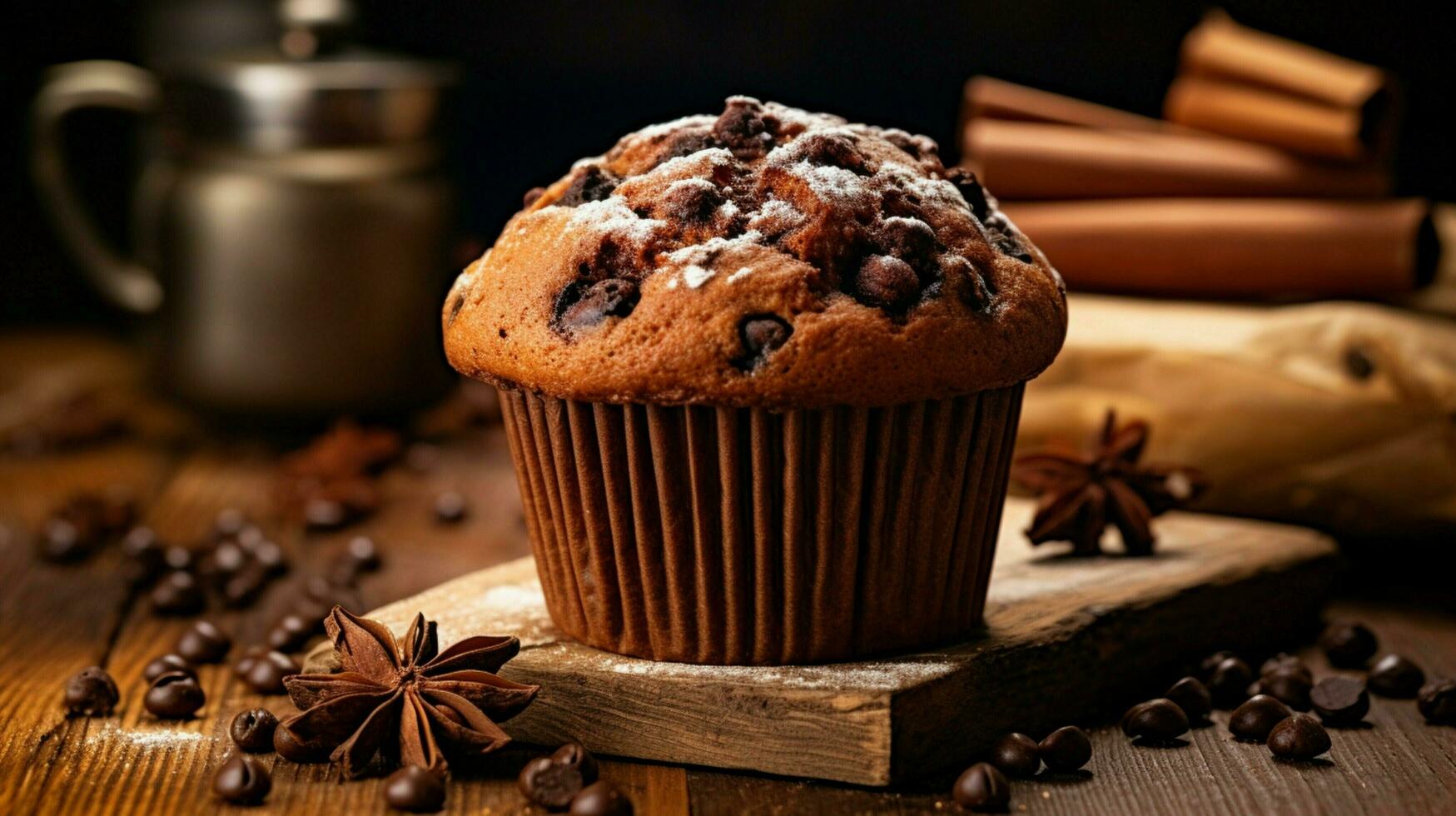 indulgent homemade chocolate chip muffin with rustic decor photo