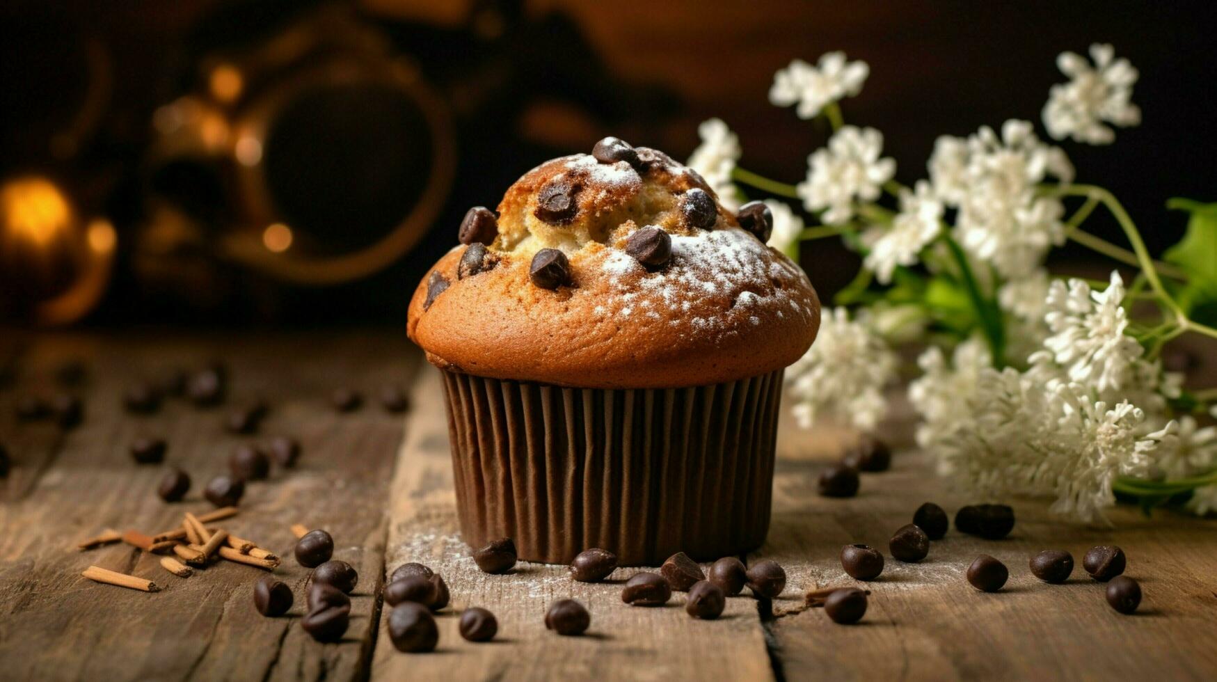 indulgent homemade chocolate chip muffin with rustic decor photo