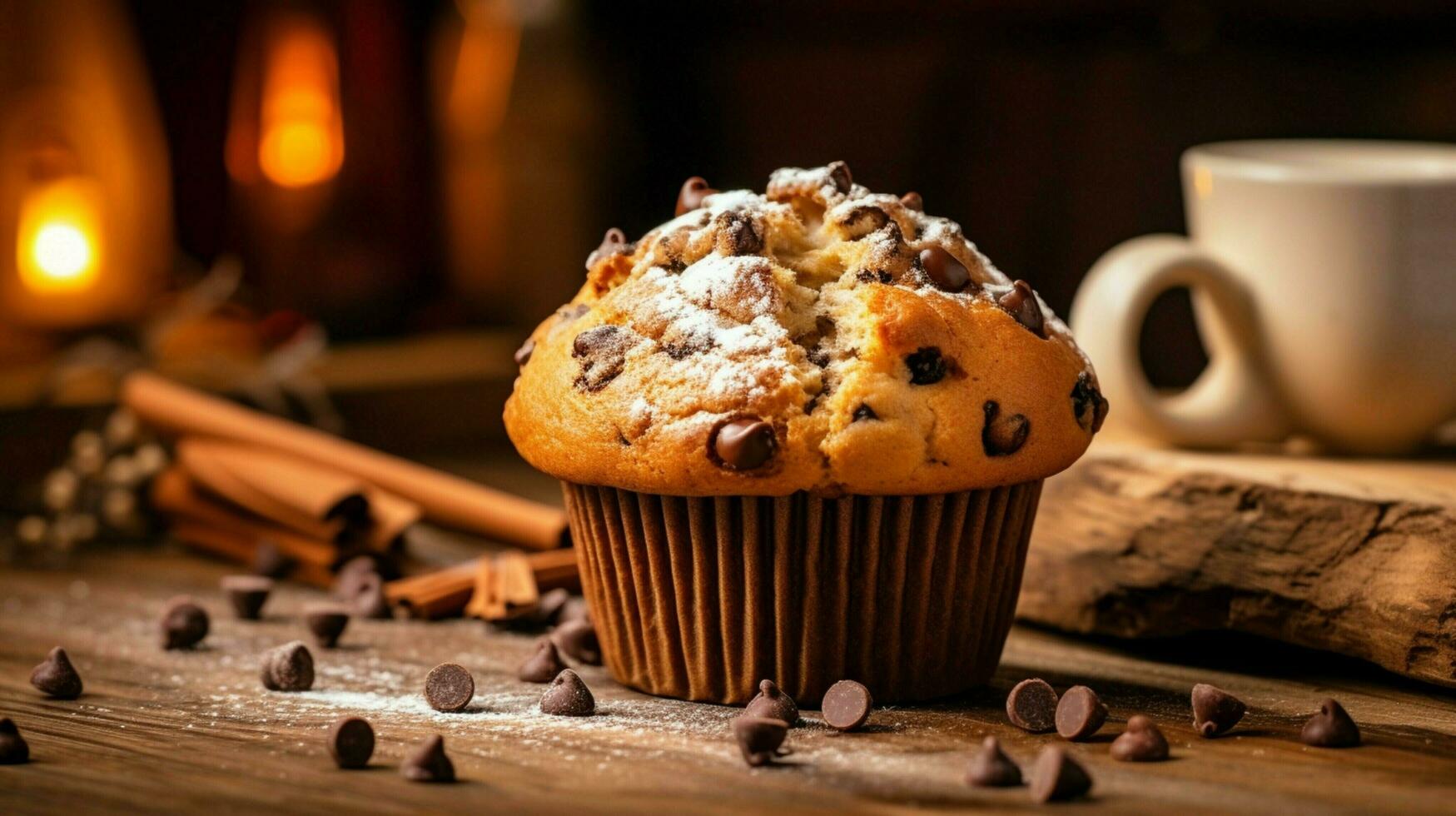 indulgent homemade chocolate chip muffin with rustic decor photo