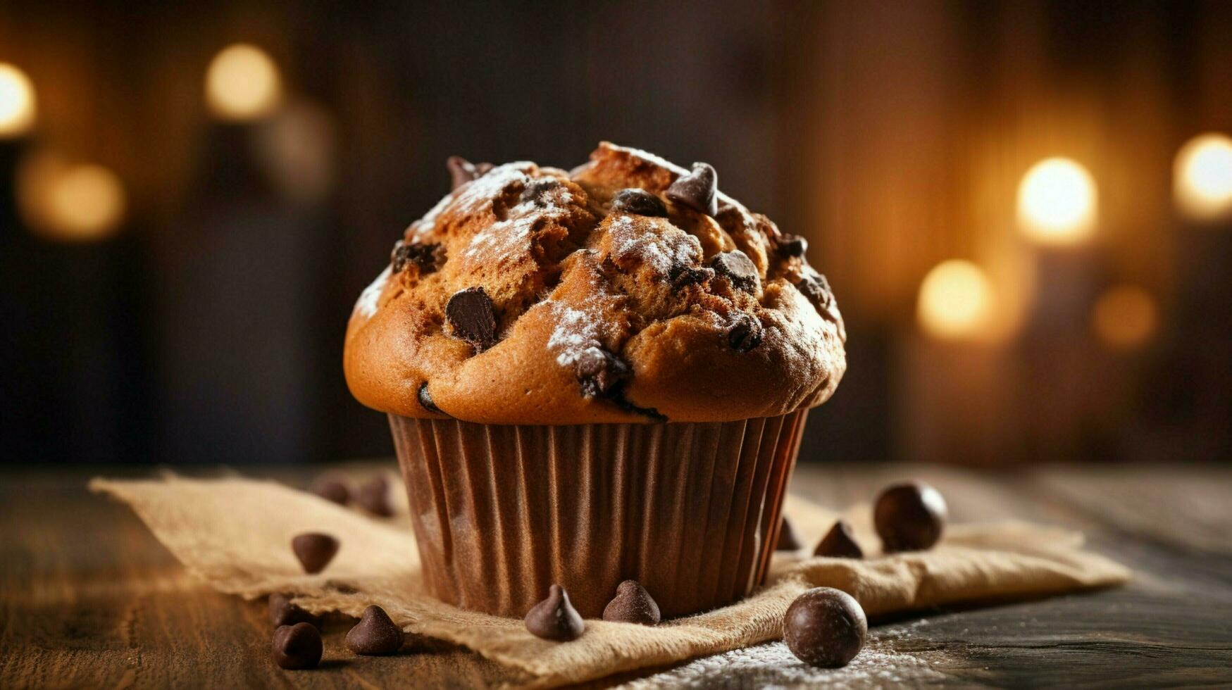 indulgent homemade chocolate chip muffin with rustic decor photo