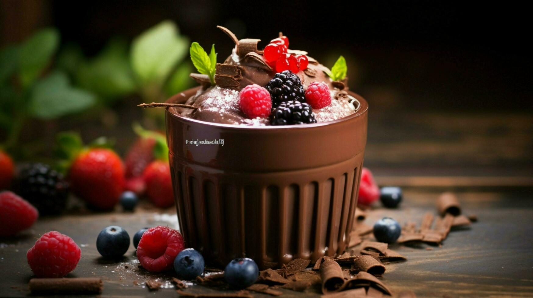 indulgent homemade chocolate mousse with fresh berry fruit photo