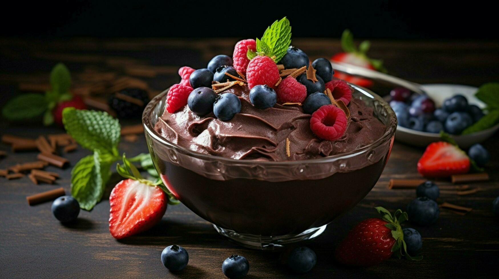 indulgent homemade chocolate mousse with fresh berry fruit photo