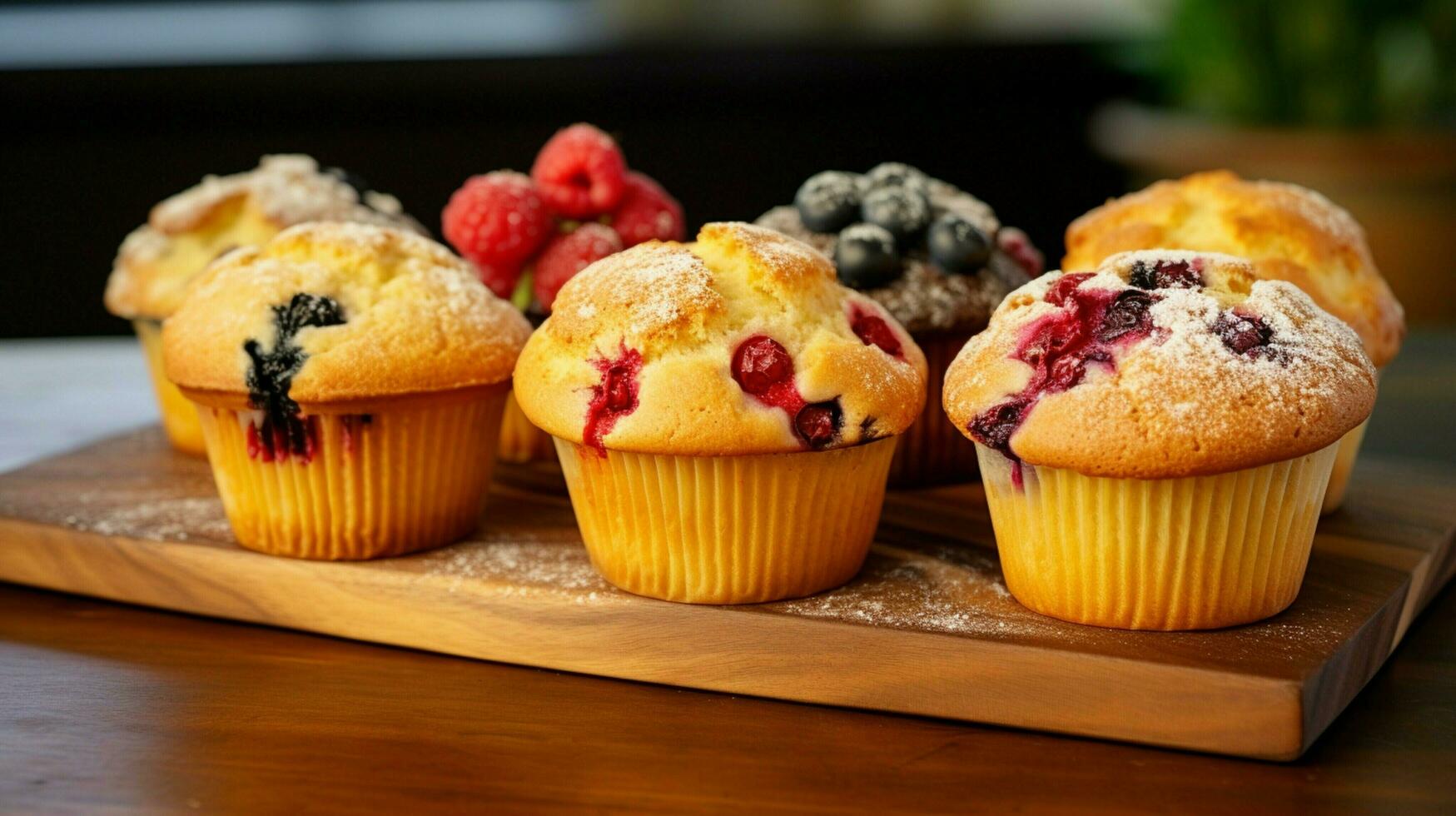 indulgent homemade gourmet muffins with fresh berry photo