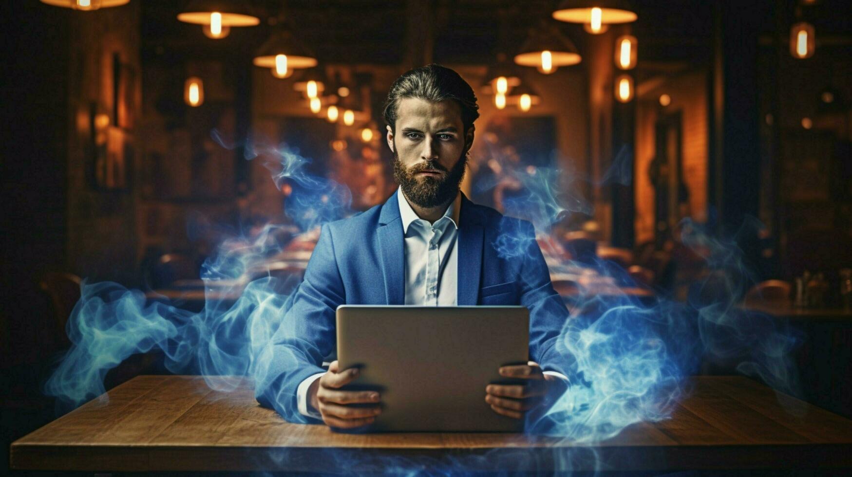 innovative businessman working on modern laptop inside photo