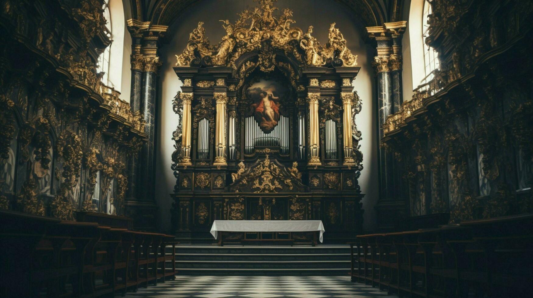 inside of old cathedral christianity altar stands under photo