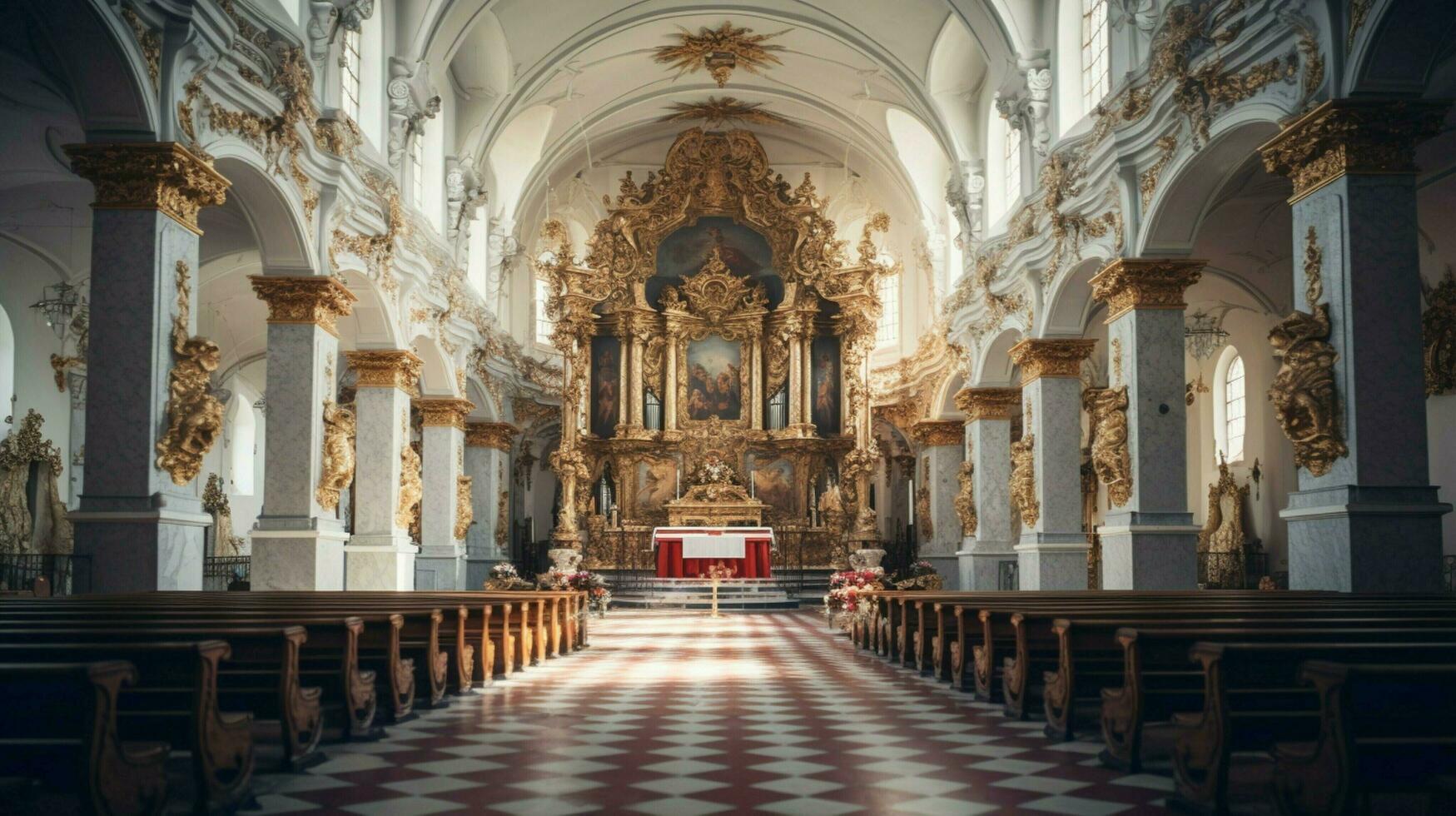 inside of old cathedral christianity altar stands under photo