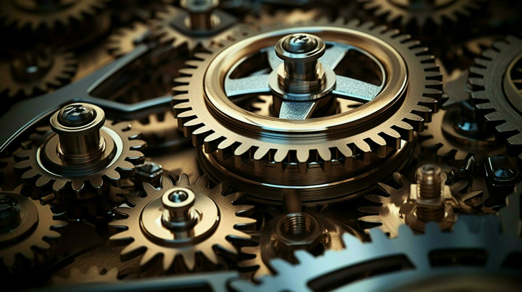 interlocked machinery turning steel gears with teamwork photo