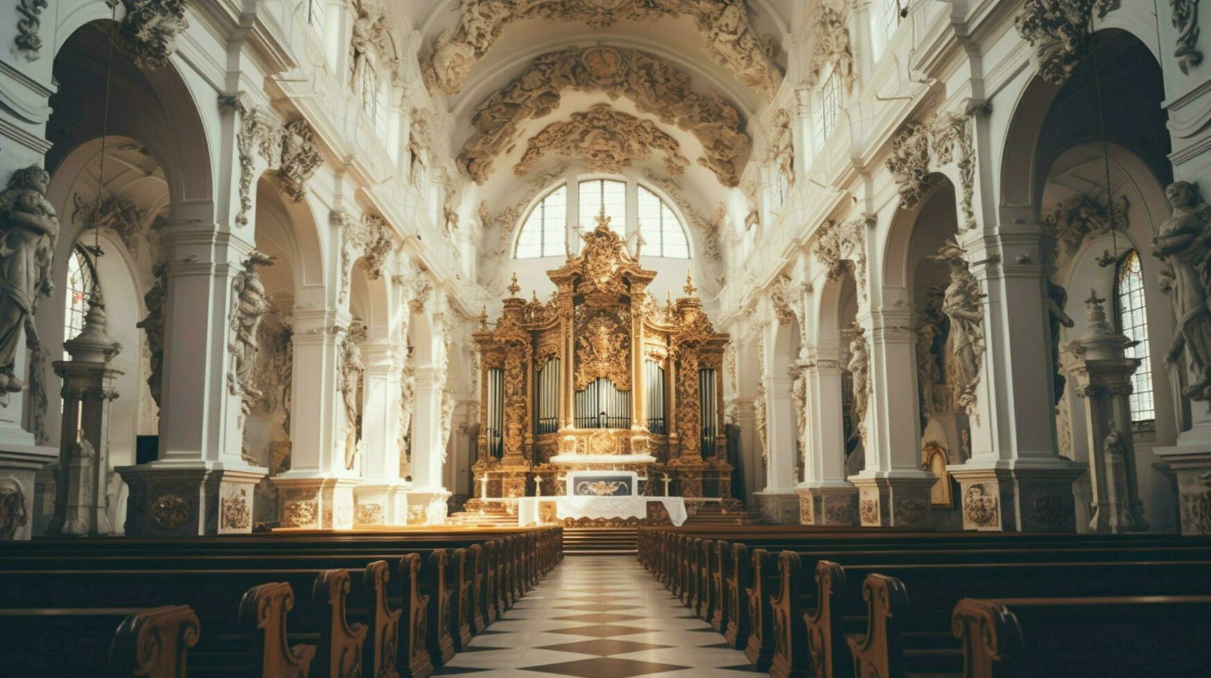 inside of old cathedral christianity altar stands under photo