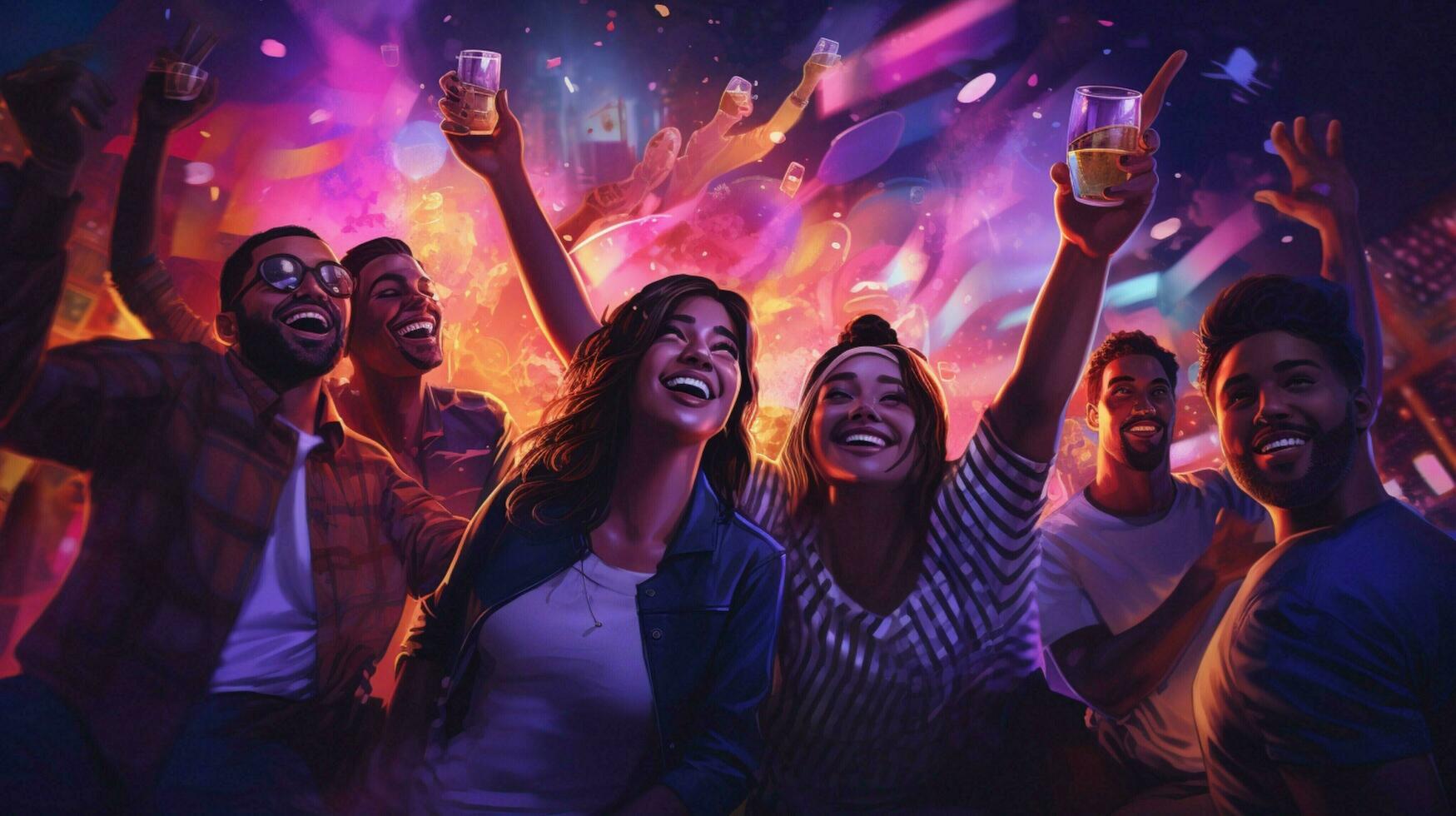 joyful group of young adults enjoying nightlife photo