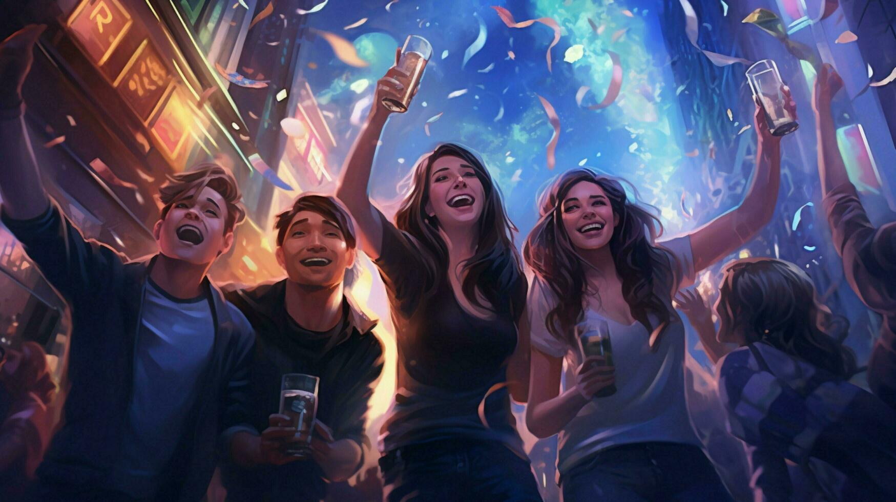 joyful group of young adults enjoying nightlife photo