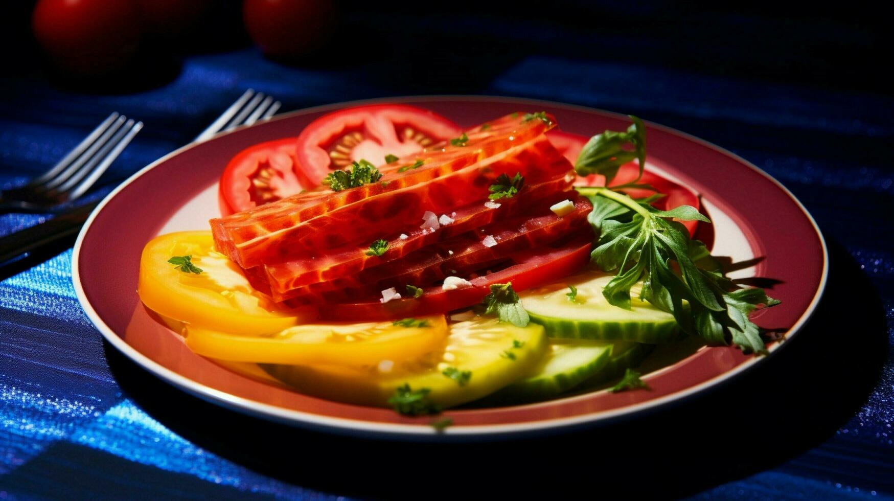 juicy ripe tomato slice on vibrant multi colored salad photo