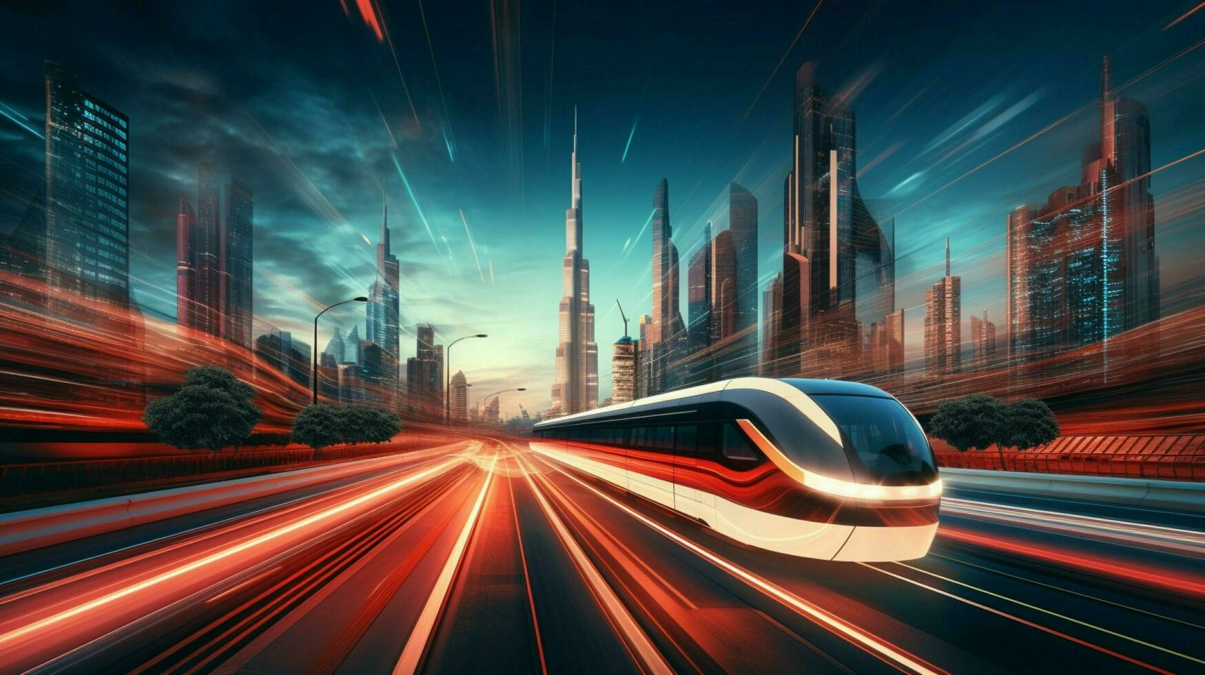 land vehicle speeds through illuminated cityscape at dusk photo