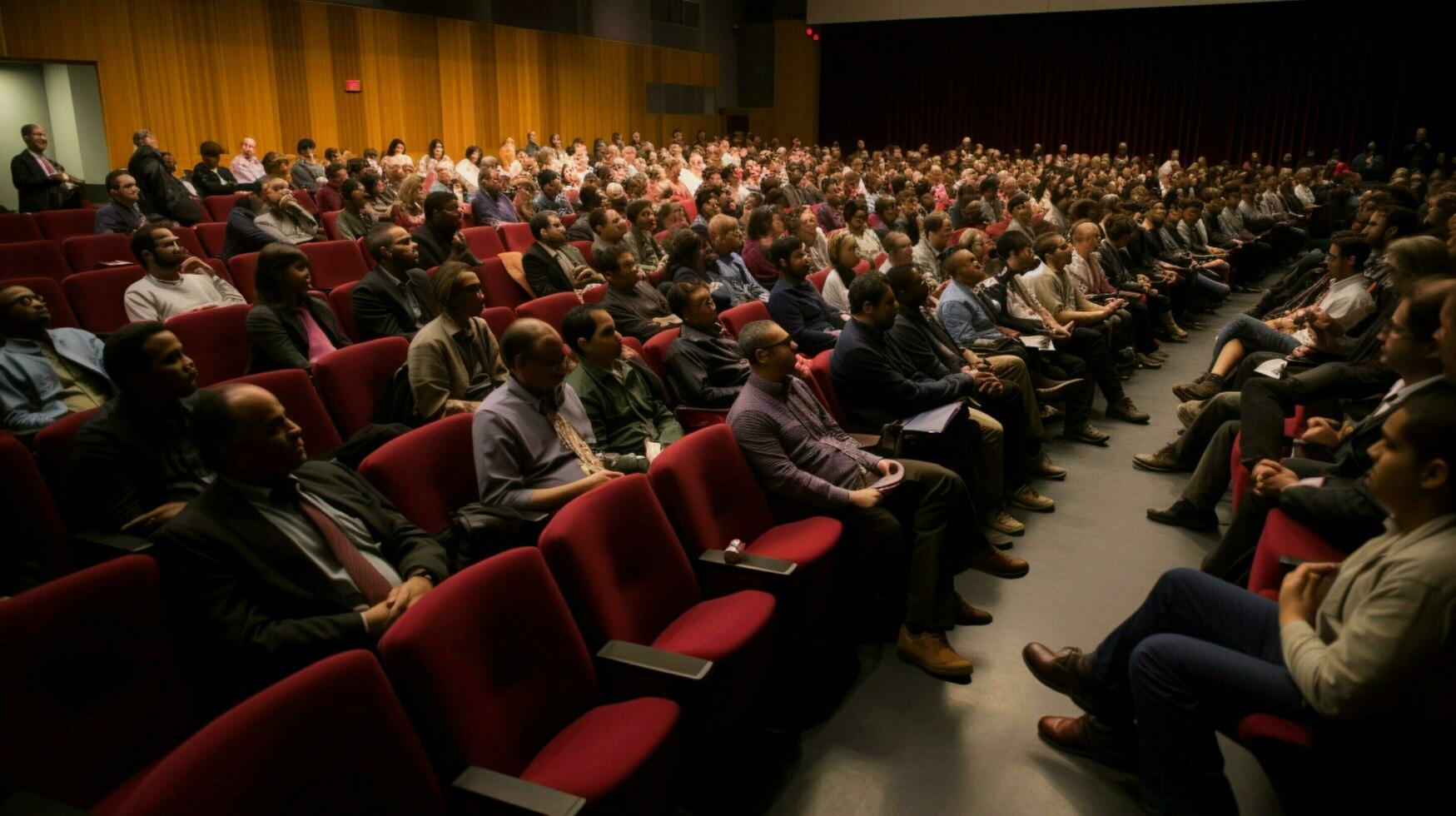 large group of people sitting in auditorium watching photo